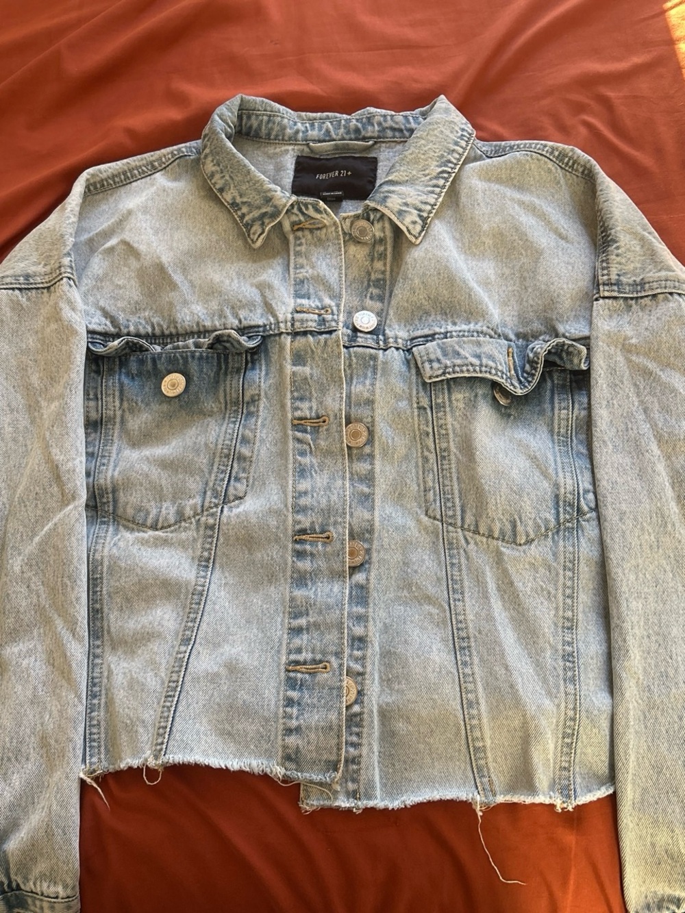 Forever 21 Light Wash Blue Denim Jacket with Raw Hem
